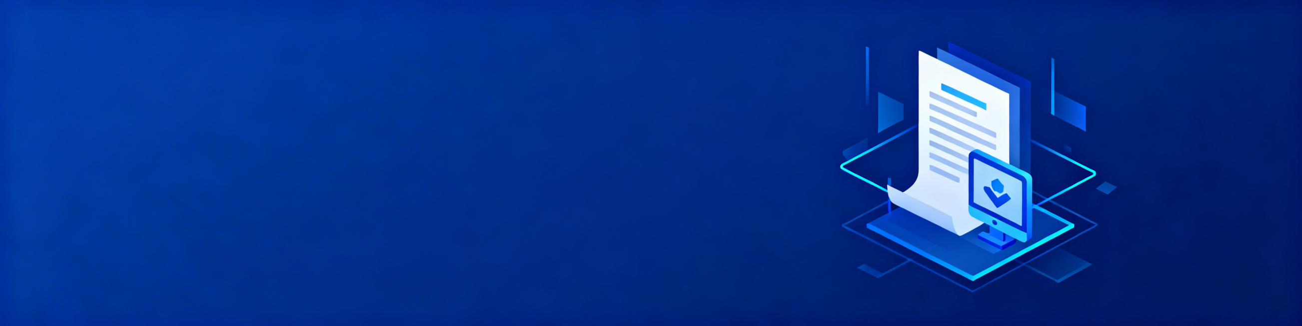 一张无任何文字的公证在线申办主题banner图，高级简约商务风格，整体深蓝色干净背景，主视觉图形元素放置在画面偏右侧，左侧预留大面积空白干净区域，设计简洁高级有科技感，符合政务服务专业信任感，无任何文预览效果