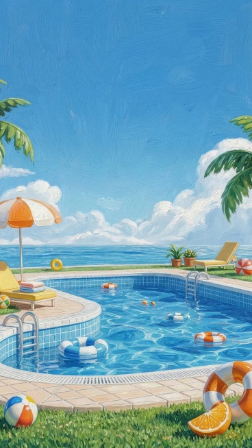 将这张泳池海景图转换为插画风格，添加油画质感，保留原画面构图和所有场景元素，将整体画面修改为笔触细腻的油画插画质感预览效果