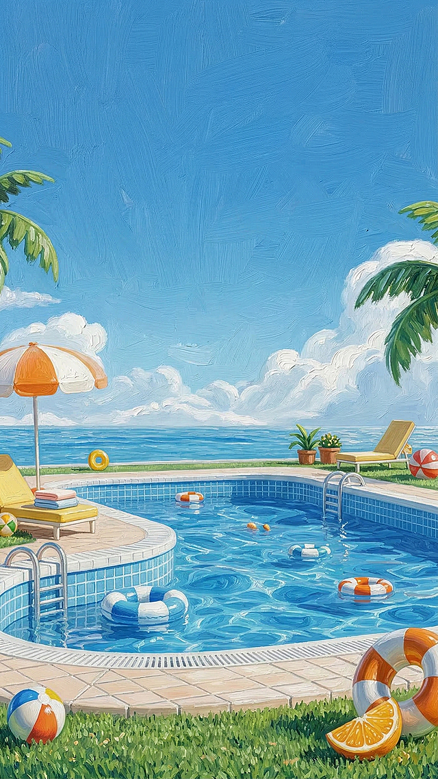 将这张泳池海景图转换为插画风格，添加油画质感，保留原画面构图和所有场景元素，将整体画面修改为笔触细腻的油画插画质感