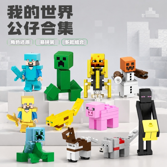[主图-1] 我的世界公仔合集首图，商品整体展示吸睛首图
[氛围风格] 拼多多风格，大字直白，性价比氛围，清晰活泼
[画质] 商业摄影质感、光线柔和通透、产品清晰真实、画面干净高级
[元素] 我的世界预览效果