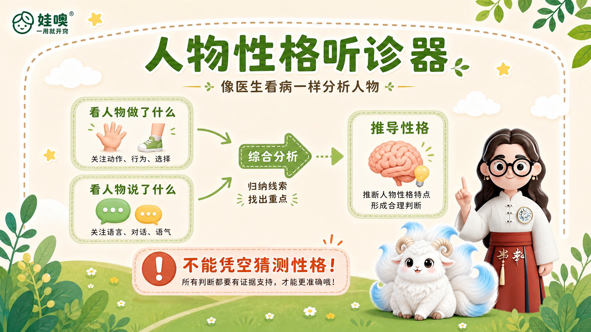 A4横版儿童教育PPT页面，清新杏色和绿色可爱风格，与第3张参… - 图片创意预览