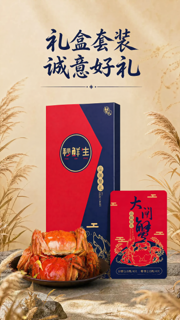 修改图中礼券封套的厚度，调整为0.5cm，保持整体背景、文字、配色、大闸蟹和蟹券图案不变，只修改封盒厚度，调整后透视比例自然合理，符合真实包装形态。9:16竖版，4K超高清，文字清晰可辨预览效果