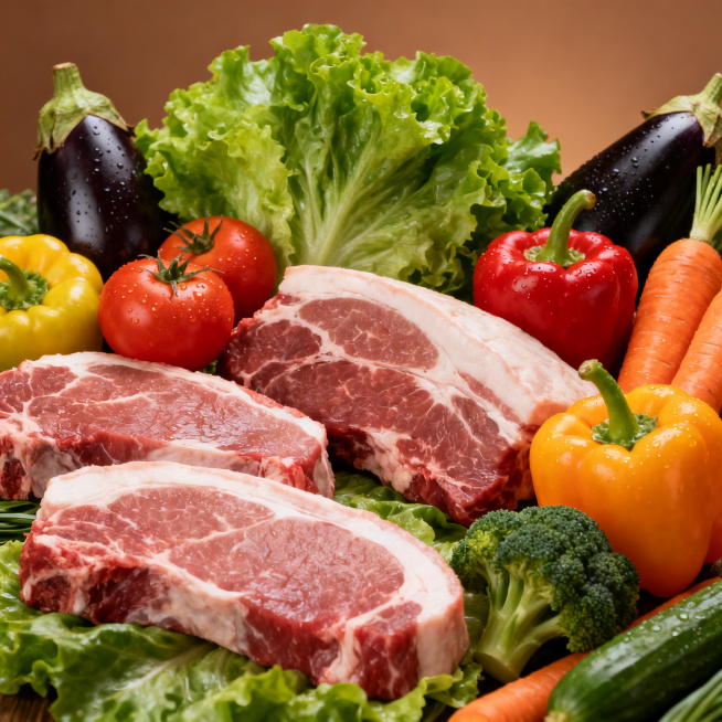 暖棕背景，摆放新鲜猪肉、牛肉等鲜肉，搭配生菜、番茄、彩椒、茄子、胡萝卜、西兰花等新鲜蔬菜水果，自然写实的生鲜食材陈列风格，无文字无LOGO预览效果