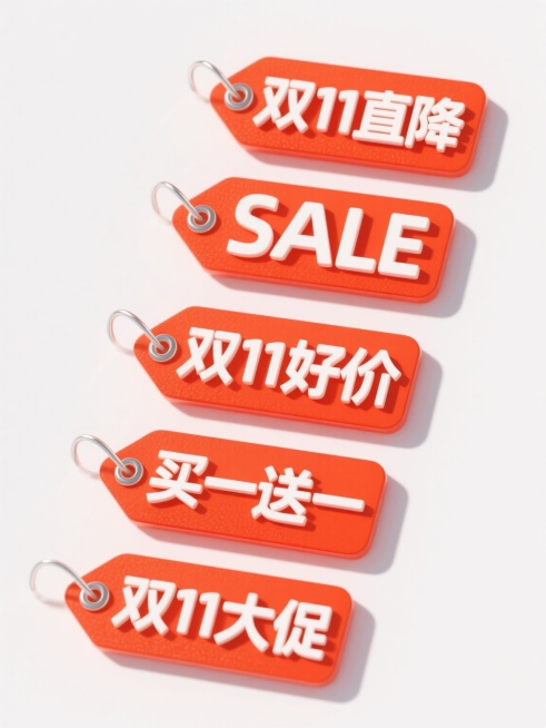 六个规整排布的3D立体促销标签，每个标签均为鲜艳的橙红色背景，表面有细腻的磨砂质感，白色立体凸起文字，顶部带有金属质感的银色圆形挂孔，标签文案分别为“双11直降”、“双11折扣”、“SALE”、“双11好价”、“买一送一”、“双11大促”，整体呈现出简洁明快的促销氛围，光线从左上方照射，在标签右侧形成柔和的阴影，增强立体感，所有标签在白色背景上均匀排列，保持一致的大小和间距，视觉上整齐有序。预览效果