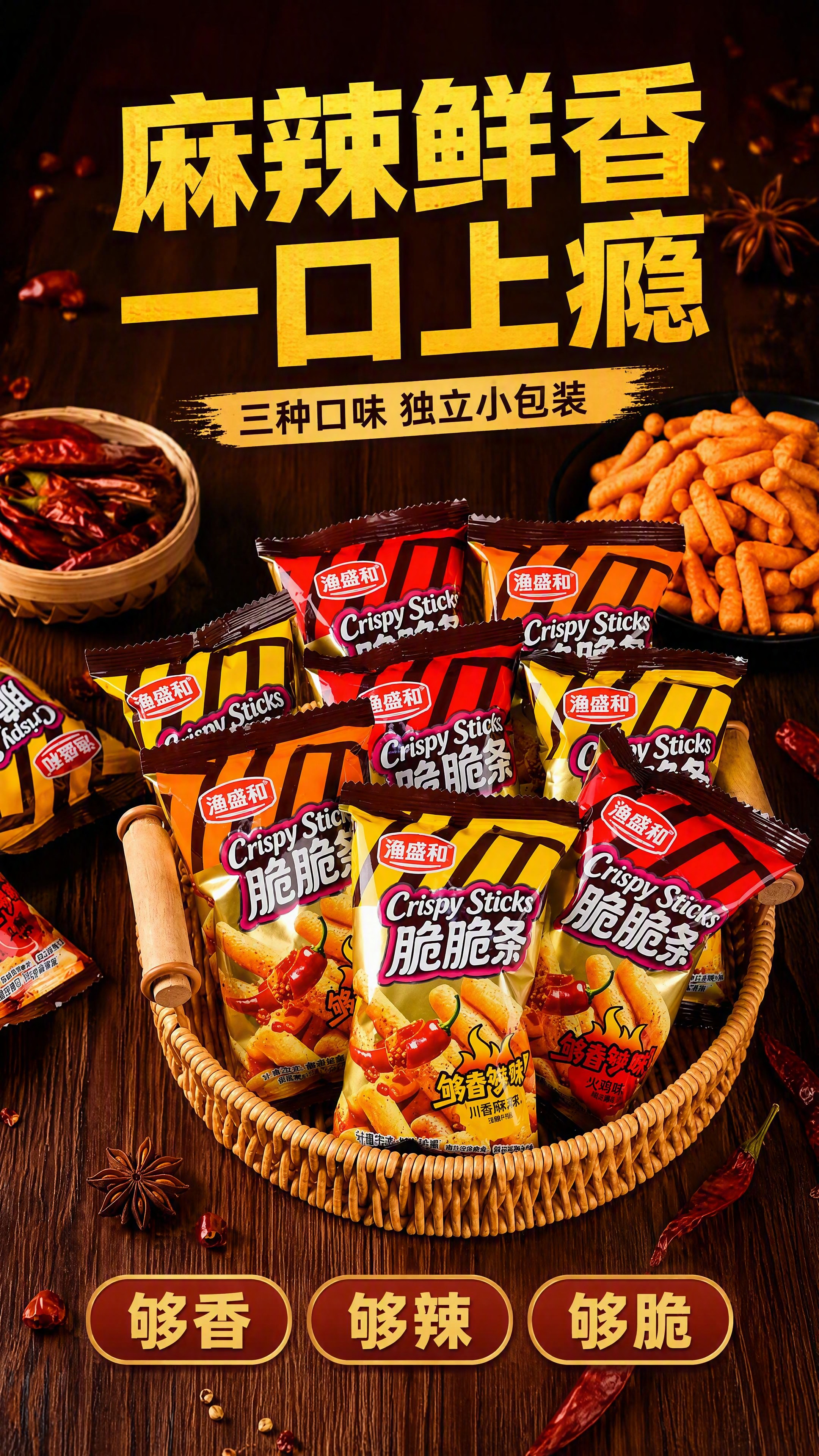 电商详情页头图，多口味脆脆条全家福主视觉。深棕红重色系背景，竹… - 图片创意预览
