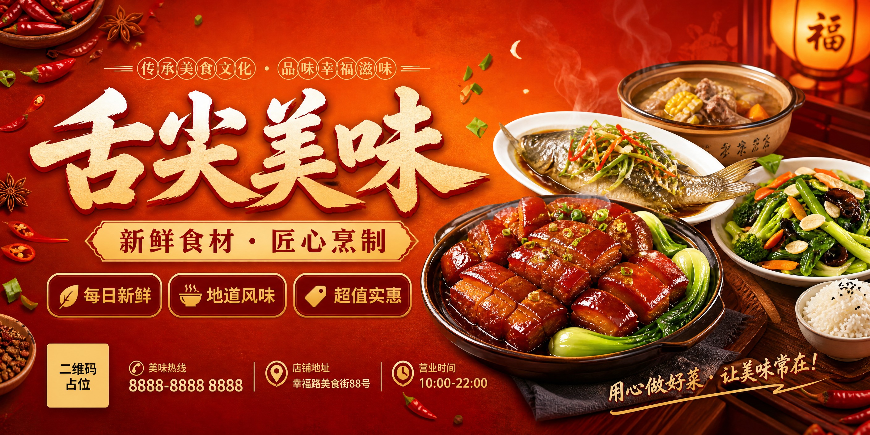 美食店门头横幅海报，超宽横向2:1比例。写实商业摄影风格，暖橙… - 图片创意预览