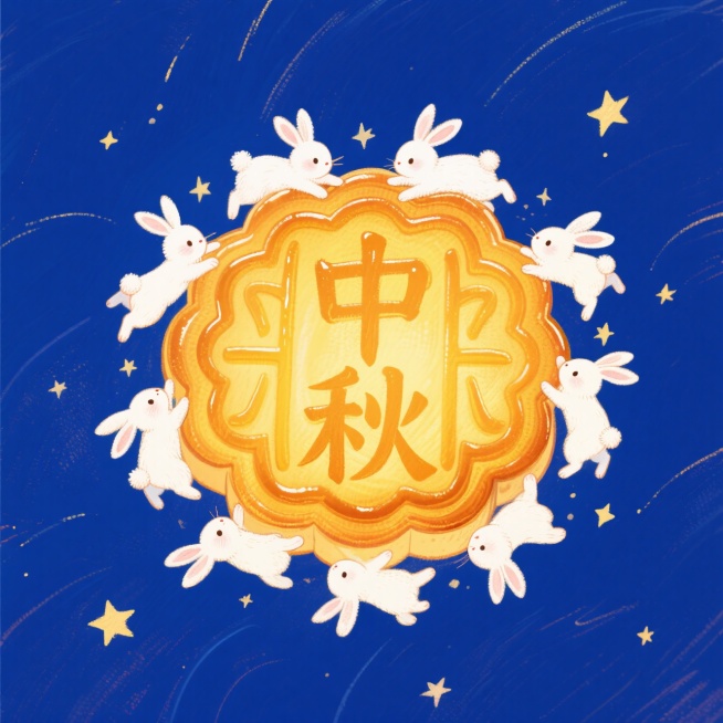 以巨大金黄色月饼为中心焦点，有多只可爱迷你白兔（攀爬、跳跃、奔跑）环绕，月饼有光影渐变和油润质感，中间写文案“中秋”，白兔体态轻盈有毛绒感，深蓝色背景点缀星星，采用中心聚焦式动态构图，突显梦幻童话浪漫预览效果