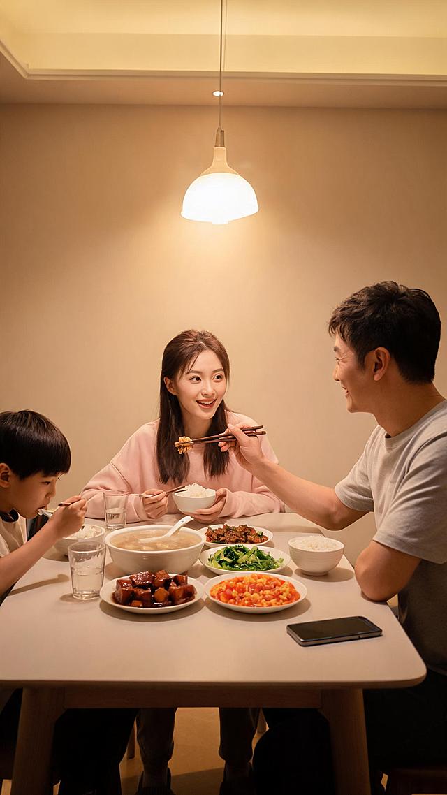 同一个晚饭桌，男人忽然把手机屏幕朝下扣在桌上，抬头给妻子夹了一筷子菜，嘴角放松地笑了，妻子有点意外也跟着笑。桌上饭菜、暖灯、一家人。体现"别人的评价不归我管"的松弛一刻。写实摄影，自然光，温情真实。竖屏9:16，电影感，暖光，写实摄影风，高清细节