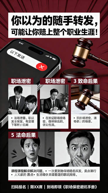 职场保密普法宣传海报，主色调为深红+黑+白，营造警示严肃紧迫感。顶部主标题"你以为的随手转发，可能让你赔上整个职业生涯！"，使用粗黑字体。中部列出5个职场泄密场景和致命后果，文字清晰排列。画面包含视觉预览效果