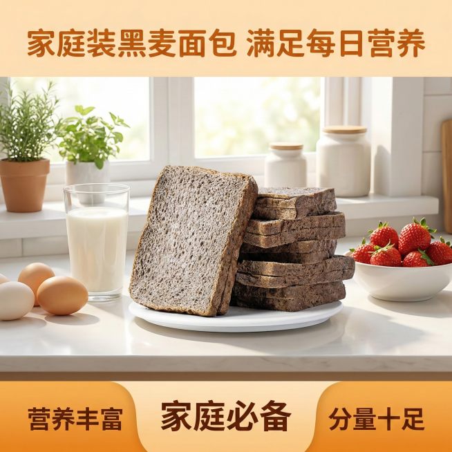 帮我根据图中的黑麦面包素材生成5张不一样的主图背景，主要围绕这张白底图面包素材为准，最好体现出有食欲有购买欲望比例为1：1预览效果