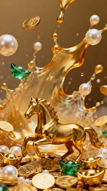 奢华金色雕塑马，位于画面的下半位置以下，周身环绕着闪耀的金币与翡翠元宝，背景是泼洒的液态黄金与珍珠。高细节3D渲染，金属抛光质感，光影追踪，景深效果。奢华富贵，手机壁纸预览效果