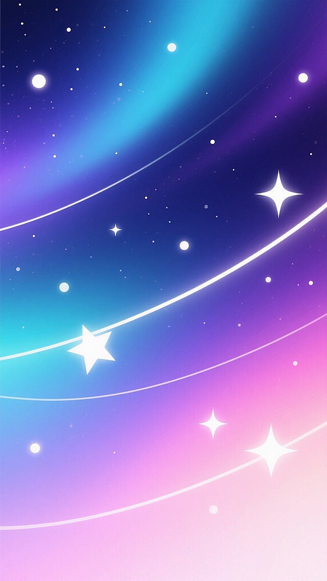梦幻炫彩渐变背景，主色调变换为深邃靛蓝、神秘紫、活力青与柔粉的和谐融合，色彩过渡自然柔和，呈现出平滑细腻的数字艺术质感。画面中点缀着大小不一、亮度各异的白色星光和闪烁光点，部分星星带有轻微的光晕效果，营造出宁静而梦幻的夜空氛围。背景中分布着几条纤细的白色光轨，增添动态感。整体光影柔和，无明显强光源，色彩饱和度适中偏高，保持炫彩主题的同时展现出新的配色方案与视觉样式，适合作为具有现代设计感的背景素材。