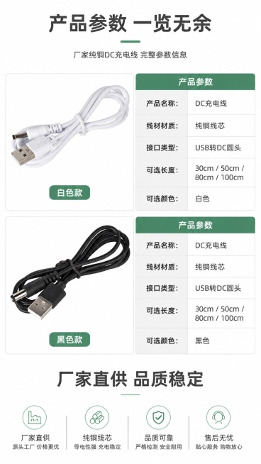 [第8屏] 产品规格参数收口页-厂家纯铜DC充电线完整参数信息。本屏使用【图1】【图2】分别展示黑白两款产品。
[氛围/风格] 专业参数总结风格，白底清晰排版，简约大气。
[元素布局] 顶部主标题，中预览效果
