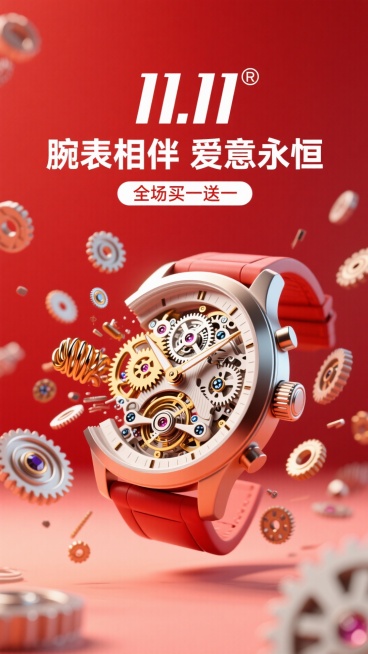 背景是充满艺术感的哑光正红色。一款精致的腕表以爆炸图（解构）的形式悬浮在画面中，其内部的齿轮、弹簧、宝石轴承等零件优雅地散落在周围，仿佛时间被瞬间定格，展现精密机械之美。
上方小标题“11.11”的l预览效果