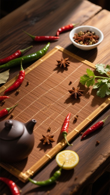 木质桌面上铺着棕色竹制餐垫，周围散落着红辣椒、青辣椒、八角、花椒、香菜叶和柠檬片，左下角有一个深色茶壶，右上角有一个装满香料的白色小碗，整体采用温暖的侧逆光照明，光线从画面一侧斜射，形成明显的光影对比，物体边缘有金色高光，阴影部分呈现出深棕色，营造出浓郁的烹饪食材氛围和立体感。预览效果