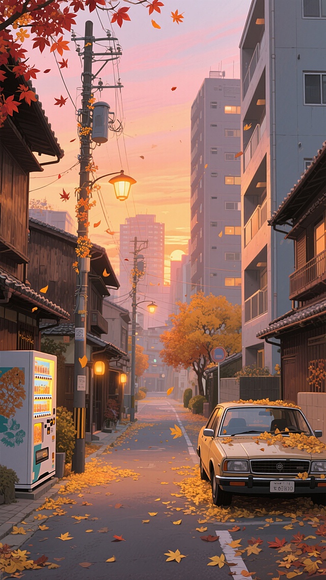 秋日傍晚的日本传统街道，两侧是古朴的木质建筑与现代公寓楼交织，路面铺满金黄落叶，路灯散发温暖橘光，天空呈现渐变的橙粉暮色，电线杆上缠绕着飘落的红叶，远处的高层建筑轮廓在夕阳下柔和，街角的自动贩卖机亮着暖黄灯光，停在路边的复古轿车落满枯叶，空气中弥漫着淡淡的桂花香，整体画面呈现出细腻的笔触和明亮通透的色彩，具有日式动画特有的清新唯美风格。