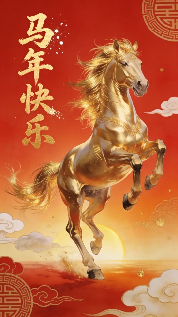 马年新春贺岁海报核心元素：主角： 一匹金色奔腾的骏马，毛发如金丝般闪耀，四蹄腾空，鬃毛和尾巴在风中飞扬，展现出磅礴的气势和速度感色彩基调： 以中国红为主背景，可以是渐变红或传统朱砂红，营造喜庆热烈的新预览效果
