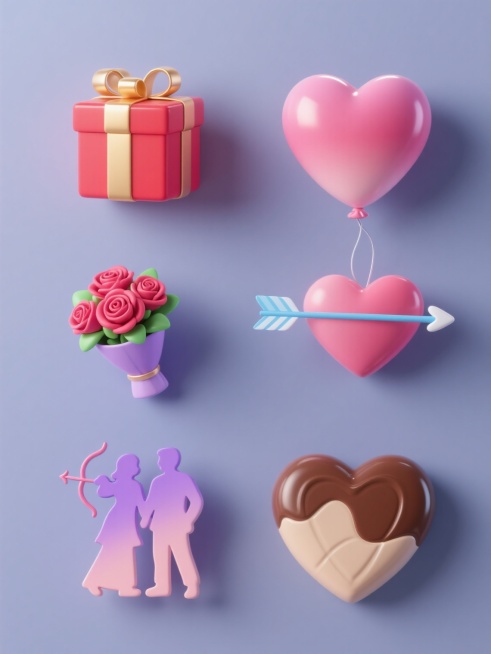 6个不同样式的情人节主题元素，包括心形气球、爱心礼盒、玫瑰花束、丘比特之箭、情侣剪影、爱心巧克力，每个元素采用不同配色方案，心形气球为粉色渐变，爱心礼盒为红色与金色搭配，玫瑰花束为玫红色与绿色组合，丘比特之箭为蓝色与白色相间，情侣剪影为紫色与浅粉色融合，爱心巧克力为棕色与米色搭配，整体呈现3D立体效果，具有光滑细腻的材质感和柔和的光影效果，光源来自左上方，每个元素都有明显的高光和自然的阴影，所……预览效果