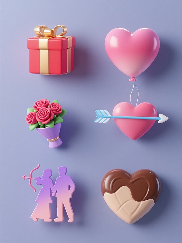 6个不同样式的情人节主题元素，包括心形气球、爱心礼盒、玫瑰花束、丘比特之箭、情侣剪影、爱心巧克力，每个元素采用不同配色方案，心形气球为粉色渐变，爱心礼盒为红色与金色搭配，玫瑰花束为玫红色与绿色组合，丘比特之箭为蓝色与白色相间，情侣剪影为紫色与浅粉色融合，爱心巧克力为棕色与米色搭配，整体呈现3D立体效果，具有光滑细腻的材质感和柔和的光影效果，光源来自左上方，每个元素都有明显的高光和自然的阴影，所有元素整齐排列在纯色背景上，形成和谐统一的视觉效果，设计风格偏向现代简约且富有浪漫氛围，能快速传达情人节的温馨主题。