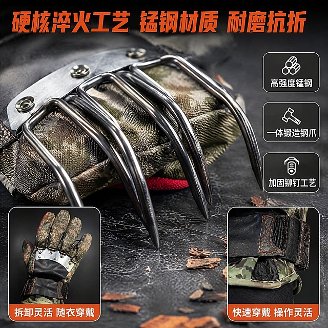 电商主图第三张，材质工艺细节特写，钢爪手套微距展示。硬核工业风。画面主体为爬树钢爪手套的锰钢爪超近距离微距特写，清晰展示金属纹理、淬火工艺形成的表面质感、钢爪弧度和加固铆钉细节，金属质感强烈。背景为深灰色工业质感台面，少量树皮碎屑作点缀，增加真实感。保持钢爪外观（材质、颜色、结构细节）与输入产品图一致，精细化处理。顶部大标题"硬核淬火工艺 锰钢材质 耐磨抗折"，橙红色粗体大字。右侧竖排三个细节标签，每个标签带小图标：1."高强度锰钢" 2."一体锻造钢爪" 3."加固铆钉工艺"，白字配深灰底圆角标签。左下角叠加一个小图框，展示手套整体佩戴在手上的手背视角，小图框下方标注"拆卸灵活 随衣穿戴"。右下角叠加第二个小图框，展示手套腕部魔术贴绑带细节，小图框下方标注"快速穿戴 操作灵活"。整体配色：主色深灰黑金属色，辅色橙红强调。光线：多角度棚拍布光，金属表面有清晰的高光带和暗部层次，质感通透，突出钢材硬度和工艺精细度。视角：微距特写，钢爪爪尖为视觉中心。1:1比例，文字清晰可辨，超高清商业产品摄影质感。画面禁止变形、文字错乱、水印、电商平台Logo。