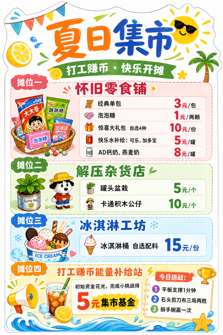夏日集市市集摊主手举牌，设计包含三个摊位价格信息和挑战任务：
摊位一：怀旧零食铺，经典单包3元/包、泡泡糖1元/两颗，惊喜大礼包自选4种10元/份，快乐水补给可乐加多宝5元/罐，AD钙奶燕麦奶8元/罐预览效果