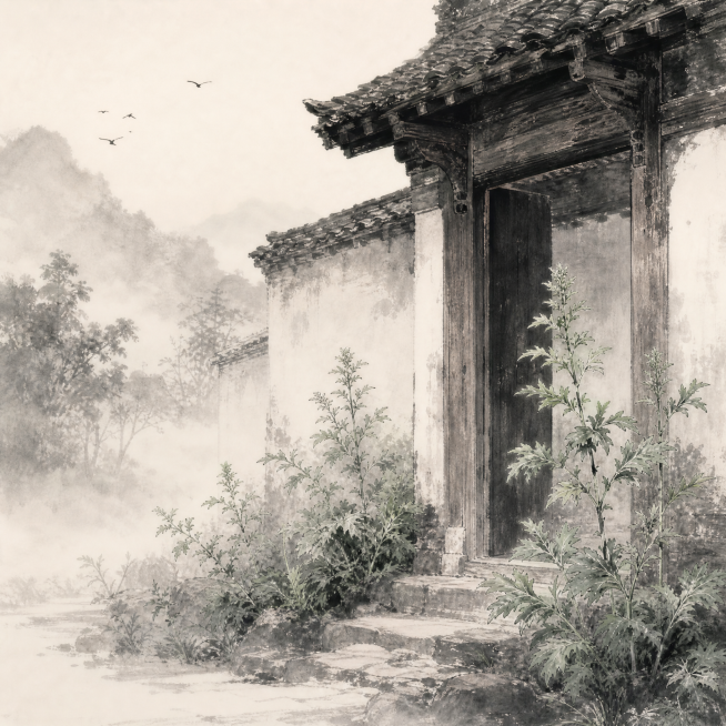 门前生长着艾草，水墨风格，画面氛围清幽预览效果