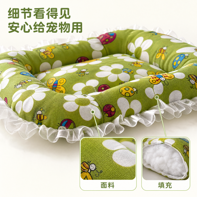 [主图-3] 产品细节特写展示；
[氛围风格] 清新简约，细节清晰专业；
[画质] 商业摄影质感，光线柔和通透，产品清晰真实，画面干净高级。
[元素] 保持宠物窝产品颜色印花风格与输入产品图绝对一致，预览效果