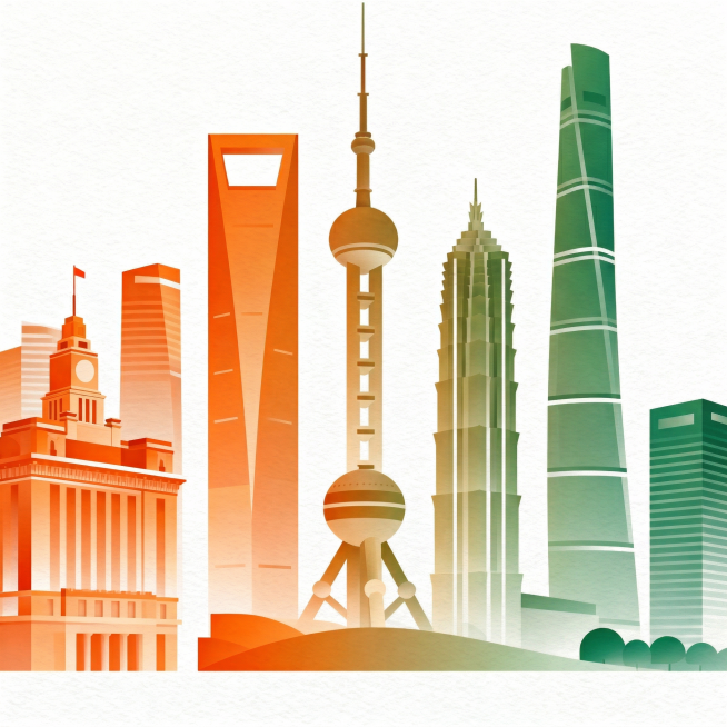 将上海城市天际线图改为橙色和绿色渐变效果，保持白色背景。建筑轮廓保持不变，但颜色从橙色平滑过渡到绿色，形成渐变效果。预览效果