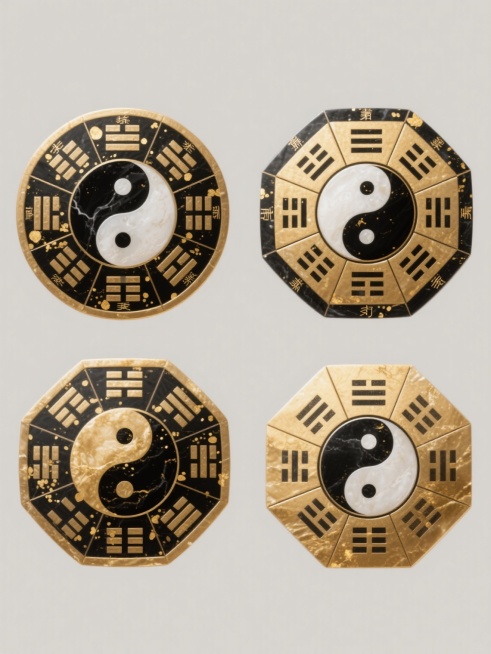 中国传统八卦元素系列设计，采用圆形布局，内有黑白阴阳鱼图案，周围环绕八卦符号和汉字，整体呈现古朴的金色与黑色渐变质感，表面有类似玉石的纹理和金色斑点，四个不同造型的八卦元素规整排布在纯色背景上，每个八卦图案在保持核心阴阳鱼和八卦符号结构的基础上，通过不同的边框设计、纹理细节和符号排列方式形成变化，统一的金色与黑色配色方案，玉石般的温润质感，金色斑点点缀，营造出神秘而庄重的氛围，适合作为系列素材……预览效果