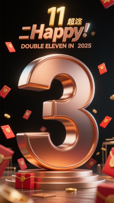 青铜颜色渐变青铜质感数字 “3”，背景为土黑色。顶部设置金色 “11” 数字与 “DOUBLE ELEVEN IN 2025” 文字，搭配铜色 “Happy” 标识，数字周围装饰红包元素，促销氛围预览效果