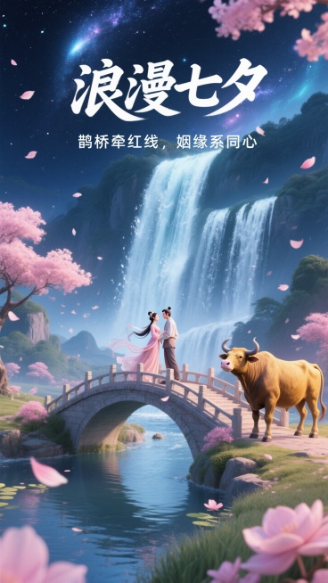 夜空银河飞流而下，汇聚奔流的大河，河上坐落着牛郎织女鹊桥相会的鹊桥，老黄牛站在桥头，粉色花瓣飘落。大标题写着“浪漫七夕”副标题：“鹊桥牵红线，姻缘系同心”超高清。预览效果