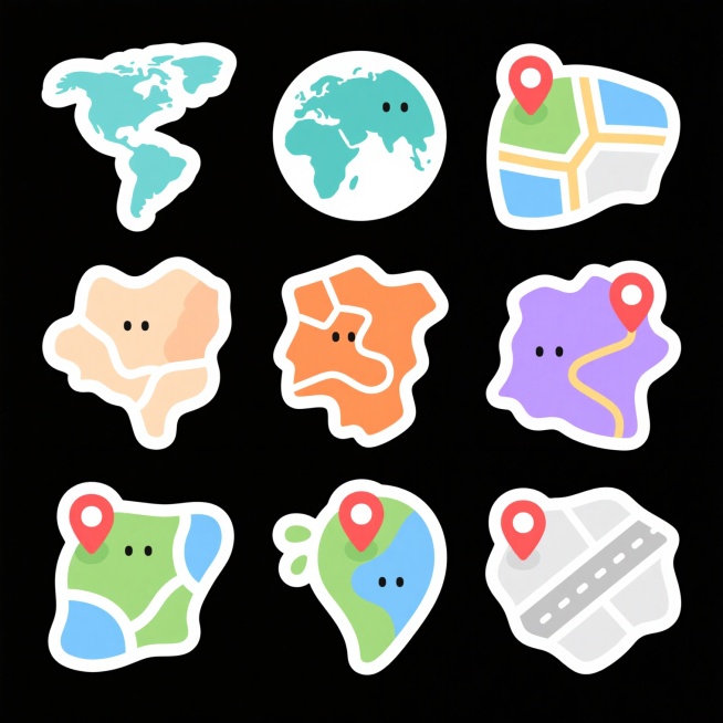 白色背景上的一组不同风格地图图标，保持可爱的卡通手绘风格，采用平滑圆润的线条和简洁的平面设计，每个图标具有独特的地图样式（如世界地图轮廓、区域地图、简化路线图等），使用柔和的蓝绿色调、温暖的橙色、清新的紫色和淡雅的灰色作为主要配色，地图上有简化的地形元素（绿色区域、蓝色水域、灰色道路），部分图标顶部有红色定位标记，整体风格统一且色彩明快协调，适合用于UI界面或应用图标设计。预览效果