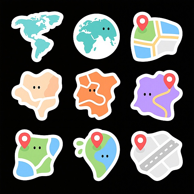 白色背景上的一组不同风格地图图标，保持可爱的卡通手绘风格，采用平滑圆润的线条和简洁的平面设计，每个图标具有独特的地图样式（如世界地图轮廓、区域地图、简化路线图等），使用柔和的蓝绿色调、温暖的橙色、清新的紫色和淡雅的灰色作为主要配色，地图上有简化的地形元素（绿色区域、蓝色水域、灰色道路），部分图标顶部有红色定位标记，整体风格统一且色彩明快协调，适合用于UI界面或应用图标设计。