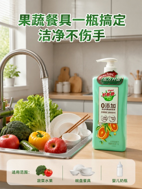 [第4屏] 使用场景演示-好爸爸果蔬餐具净日常使用展示。本屏使用【图1】作为商品主体。  
[氛围/风格] 真实厨房场景，生活化温馨感，自然光线，商业摄影质感。
[元素布局] 产品放在右侧台面上，占比预览效果