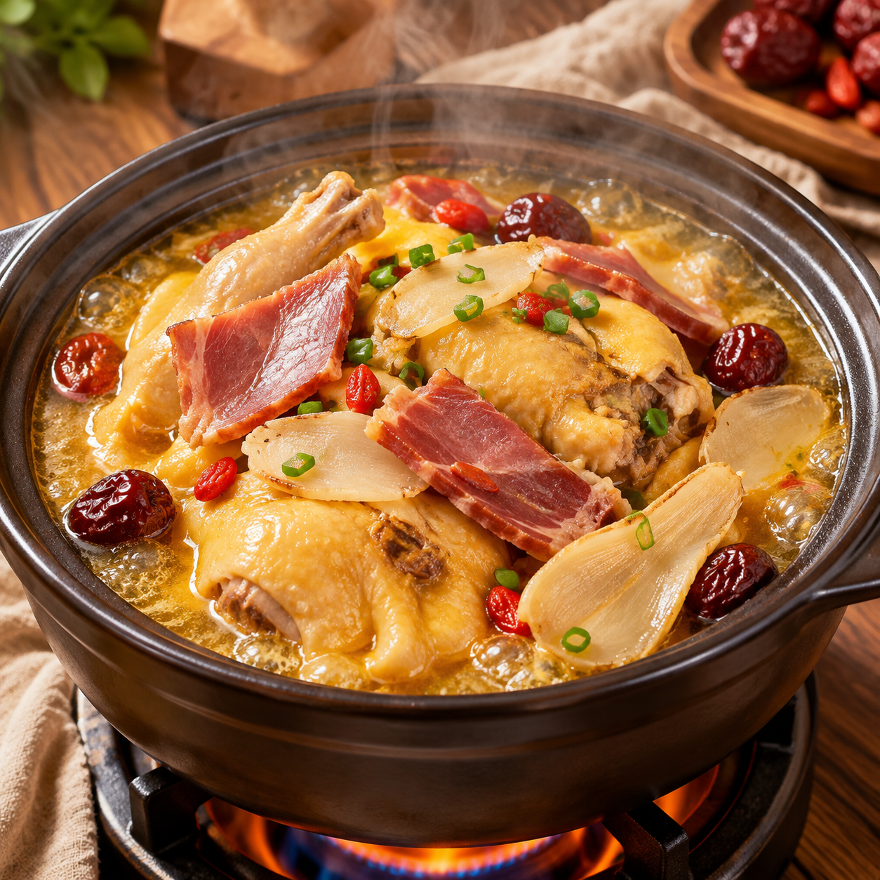 高清美食摄影：天麻火腿鸡四十五度视角，砂锅中金黄浓汤沸腾，鸡肉… - 图片创意预览