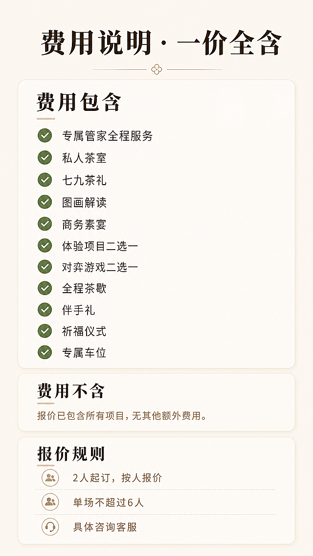 [第9屏] 费用说明页，清晰列出包含项目和报价规则。
[氛围/风格] 简约清单风格，透明清晰，高级感。
[元素布局] 页面顶部主标题，分为两个区域，上半部分「费用包含」，用勾选列表展示：专属管家全程服务、私人茶室、七九茶礼、图画解读、商务素宴、体验项目二选一、对弈游戏二选一、全程茶歇、伴手礼、祈福仪式、专属车位。下半部分「费用不含」+「报价规则」，标注2人起订按人报价，单场不超过6人，具体咨询客服。整体排版宽松不拥挤。
[光影质感] 均匀柔和光线，勾选图标清晰，文字层次清楚。
[配色色系] 全局底色：#F5F1E9（米麻灰）；勾选图标：#5A7247（绿）；标题加粗深棕，正文浅棕，区分清晰。
[视角构图] 通栏竖向列表排版，从上到下间距均匀。
[文字版式] 顶部主标题「费用说明 · 一价全含」，每个项目前面带对勾图标，分块清晰，文字大小适中，手机端清晰可读。
[比例分辨率] 9:16 竖版比例，4K分辨率，文字清晰可辨，超高清。
[负向提示词] 变形，水印，文字错乱，排版拥挤，图标缺失。