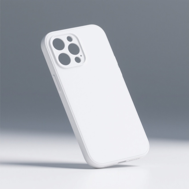 极简风格白色背景下的手机壳设计图，3D渲染效果，线条简洁流畅，边缘圆润，背面光滑无图案，摄像头区域有精准开孔，展示出手机壳的基础形态和结构，整体呈现出干净、现代、专业的产品设计氛围。预览效果