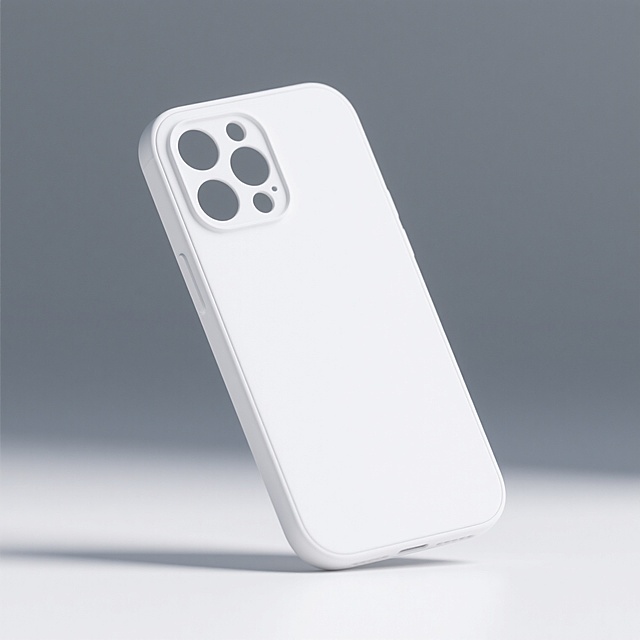 极简风格白色背景下的手机壳设计图，3D渲染效果，线条简洁流畅，边缘圆润，背面光滑无图案，摄像头区域有精准开孔，展示出手机壳的基础形态和结构，整体呈现出干净、现代、专业的产品设计氛围。