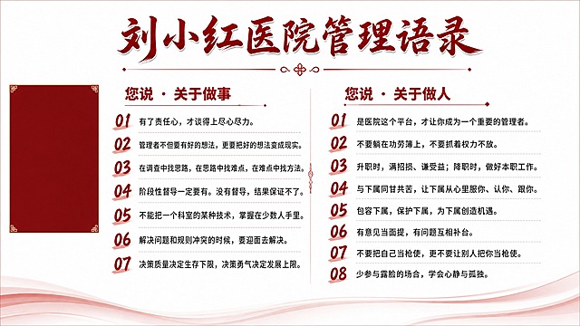 纪念画册管理语录页设计，16:9横版，白色背景。顶部大标题"刘小红医院管理语录"用深红色艺术特效字体。页面分左右两栏，左栏标题"您说 · 关于做事"红色加粗，右栏标题"您说 · 关于做人"红色加粗。

左栏7条语录必须严格如下：
01 有了责任心，才谈得上尽心尽力。
02 管理者不但要有好的想法，更要把好的想法变成现实。
03 在调查中找思路，在思路中找难点，在难点中找方法。
04 阶段性督导一定要有。没有督导，结果保证不了。
05 不能把一个科室的某种技术，掌握在少数人手里。
06 解决问题和规则冲突的时候，要迎面去解决。
07 决策质量决定生存下限，决策勇气决定发展上限。

右栏8条语录必须严格如下：
01 是医院这个平台，才让你成为一个重要的管理者。
02 不要躺在功劳簿上，不要抓着权力不放。
03 升职时，满招损、谦受益；降职时，做好本职工作。
04 与下属同甘共苦，让下属从心里服你、认你、跟你。
05 包容下属，保护下属，为下属创造机遇。
06 有意见当面提，有问题互相补台。
07 不要把自己当枪使，更不要让别人把你当枪使。
08 少参与露脸的场合，学会心静与孤独。

数字编号用红色特效字体。左侧预留小方形深红色照片占位色块。整体简洁有力。版式精美。