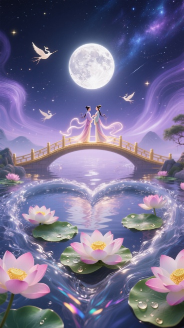 展台周围环绕着清澈的水流，水流呈心形，水中漂浮着粉色和白色的荷花，花瓣舒展，花蕊金黄。荷叶田田，上面滚动着水珠，在灯光下折射出五彩光芒。背景是一片深邃的夜空，繁星闪烁，星云如梦幻般流动，颜色以淡紫色和预览效果