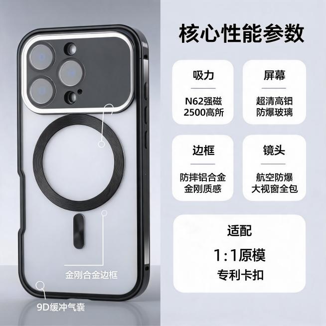 [主图-2] 万磁王手机壳核心结构与性能参数展示。
[氛围风格] 专业参数展示，科技精密感；
[画质] 商业摄影质感、光线清晰均匀、产品细节真实、画面整洁专业。
[元素] 采用左右分栏构图，左侧展示手预览效果
