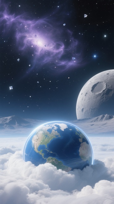 深邃宇宙，繁星如碎钻散落，远处星云呈淡紫色絮状缓缓流动，镜头下方是被白色云层包裹的蓝色地球，地球边缘泛着银边，侧后方可见灰色地貌的月球，表面环形山清晰预览效果