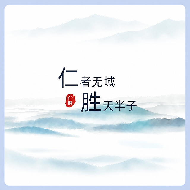 将这张横版图片扩展为1:1正方形尺寸。保持画面中央的所有文字内容（仁者无域、胜天半子、红色印章仁胜）完全不变，位置保持居中。保持原有的水墨山水背景风格一致，向上下方向均匀扩展画面，扩展部分延续原有的淡蓝色水墨山水云雾意境，与原图自然衔接，整体风格统一协调。保留原图的浅蓝色圆角边框。