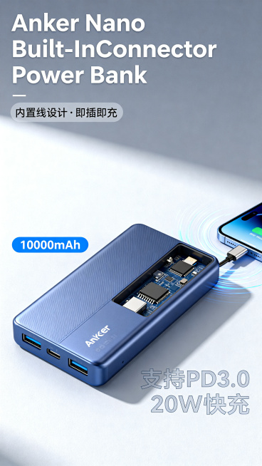 Anker Nano Built-InConnector Power Bank充电宝产品宣传海报，现代简约科技风格，产品主体展示，干净利落的背景，时尚商务感，突出快充和便携特性，整体视觉高级清爽预览效果