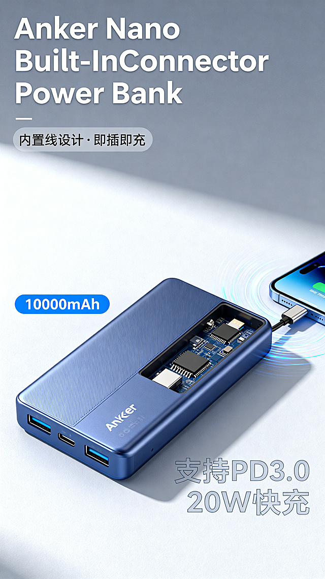 Anker Nano Built-InConnector Power Bank充电宝产品宣传海报，现代简约科技风格，产品主体展示，干净利落的背景，时尚商务感，突出快充和便携特性，整体视觉高级清爽