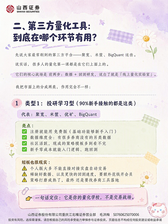 小红书笔记内页图文，文艺清新温柔手账风，ins奶油紫调，版式松弛有呼吸感，小红书笔记质感。基于用户上传的【图3】重新排版，文字内容必须全部保留且一字不改，禁止增删改任何文字，只优化排版与视觉风格。画面顶部左上角保留山西证券logo与「山西证券 SHANXI SECURITIES」字样。大标题「二、第三方量化工具：到底在哪个环节有用？」圆润柔和粗黑体，深紫蓝色，左对齐。正文三段深灰色细黑体，行距大。其中「它们的核心战场是 前两步：数据 + 回测研发，说白了就是「线上量化实验室」。」用淡紫色荧光笔底高亮。小标题「类型1：投研学习型（90%新手接触的都是这类）」深紫蓝色粗体，前有手绘圆形粉色小标签1。「代表：聚宽、米筐、优矿、BigQuant」淡紫色半透明色块底，深紫蓝色字。「亮点：」四条每条前有手绘绿色小对勾✅，整段亮点区域用淡绿色柔底色轻轻衬底，文字深灰色。「短板也很现实：」三条每条前有手绘黄色小三角⚠️，整段短板区域用淡黄色柔底色轻轻衬底，文字深灰色。底部「👉 一句话定位：它是你的量化学校，不是交易战场。」放在浅粉色圆角便签框内，微微倾斜，整句用淡紫色荧光笔底高亮，是本页重点金句。底部保留营业部信息与风险提示文字。背景：淡紫+淡粉渐变水彩晕染肌理，柔和弥散有纸张感。装饰：手绘小雏菊、纸胶带、星星点缀。整体氛围：温柔专业，重点色彩标注清晰舒适。画质：高清细腻，信息层级清晰，文字完整处于安全区内不可裁切，四周留充足安全边距。画面比例3:4。图生图：严格使用用户上传图片，【图3】= 内容参考与文字来源，重新排版设计。