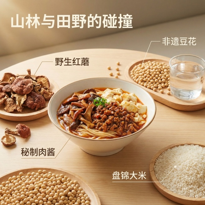 红蘑肉酱豆花面核心卖点展示，产品放在简约餐桌场景中心，周围摆放核心原材料：东北野生红蘑干料、非遗豆花原料、盘锦大米，食材新鲜自然。提取参考图的简约暖调风格，保持自然光影，食欲感十足。文案使用引线标注：预览效果