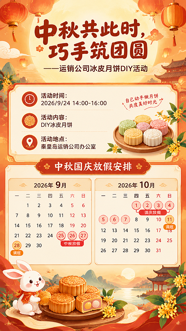 竖版中秋活动通知海报，9:16比例，新中式国风风格，红橙黄暖色调，年轻活泼。顶部为标题区：主标题"中秋共此时，巧手筑团圆"使用圆润活泼的艺术字体，深棕红色，醒目大气；副标题"——运销公司冰皮月饼DIY活动"在主标题下方，简洁现代字体。标题区背景有淡淡的圆月、祥云和灯笼装饰，喜庆温馨。中部为活动信息区，信息分区清晰易读："活动时间：2026/9/24 14:00-16:00"、"活动内容：DIY冰皮月饼"、"活动地点：秦皇岛运销公司办公室"，每条信息前配小图标，文字清晰可读。下部为中秋国庆放假安排区，以日历形式呈现2026年9月和10月的日历表格：9月25日-27日中秋放假（圈出标注"中秋放假"），10月1日-7日国庆放假（圈出标注"国庆放假"），9月28日调班（圈出标注"调班"），10月11日调班（圈出标注"调班"），日历设计简洁美观，放假日期用红色圆圈标注，调班用橙色标注，一目了然。底部装饰有玉兔、月饼、桂花等中秋元素，整体排版精美，信息层级分明，适合发通知使用。画面中所有信息区域、日历表格必须填充完整合理的内容，不得出现空白框、空白占位、横线待填写区域、空单元格。画面中所有数字必须精确渲染，不得错位、遗漏或编造。