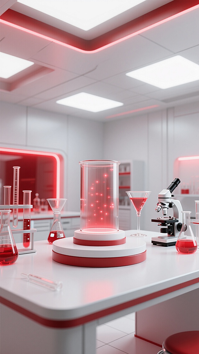现代化的实验室场景，轻微仰视的产品展示空场景图。白色桌面上放着一个展台（红色和白色圆形底座，圆柱形的透明容器），周围有红色的光芒闪烁，背景红白色调为主，展台周围有显微镜、漏斗、烧杯