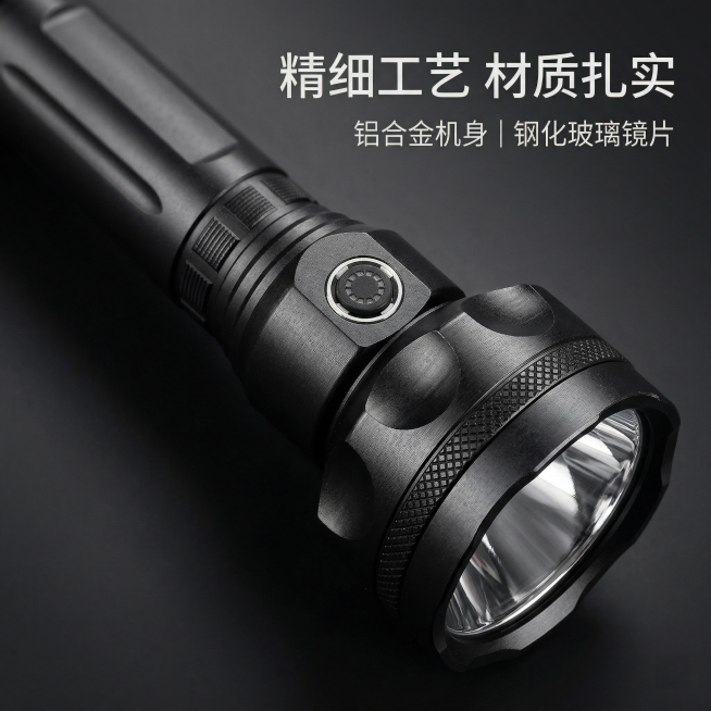 [主图 3] 强光手电筒细节微距展示，保持原产品外观不变
[氛围/风格] 高清微距质感，材质纹理清晰，专业产品摄影
[画面元素] 对原手电筒的按键和头部镜片位置做微距特写，突出金属纹理和按键工艺，背景预览效果